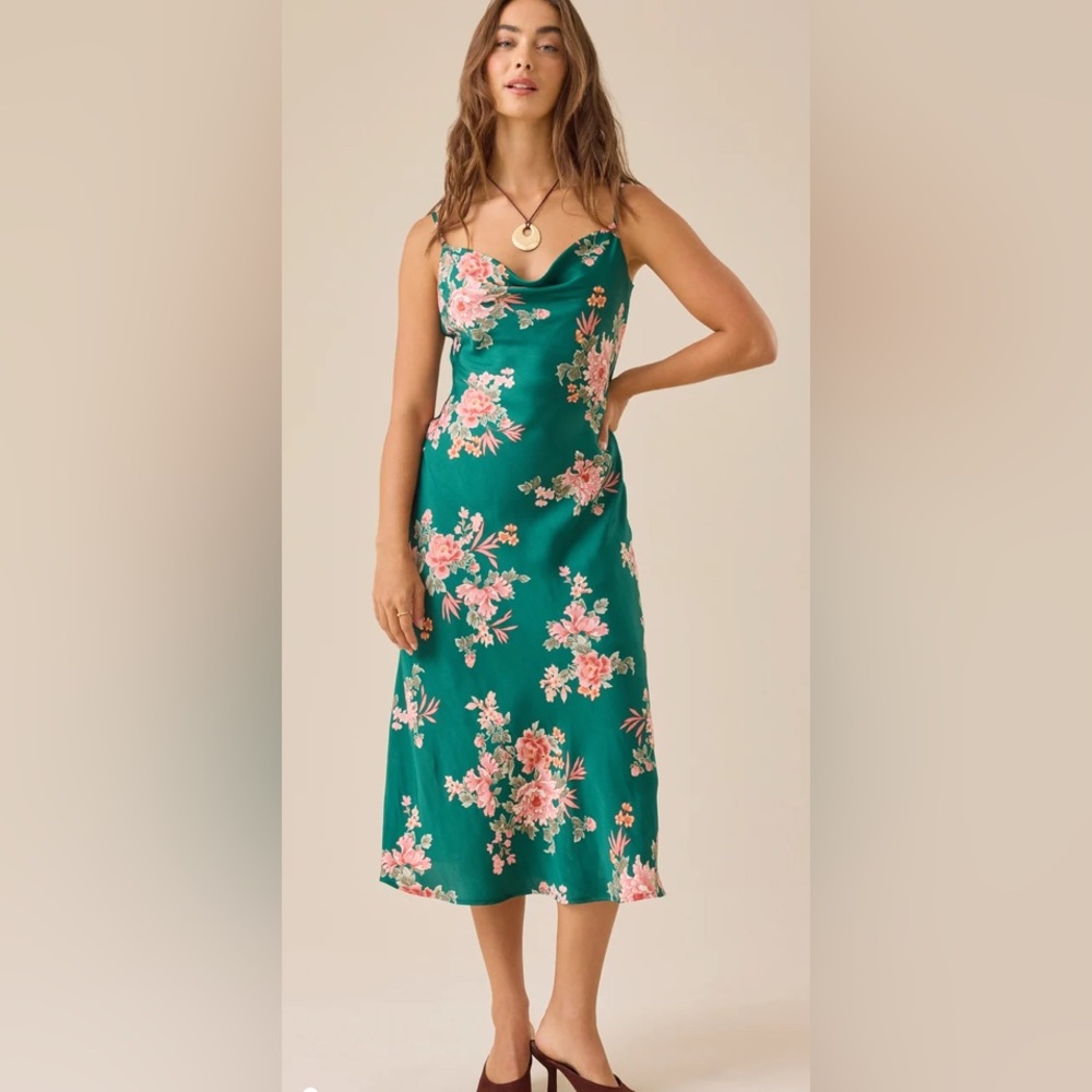 Altar'd State Green and Pink Silky Floral Midi Slip Dress - Size Small - Picture 1 of 9